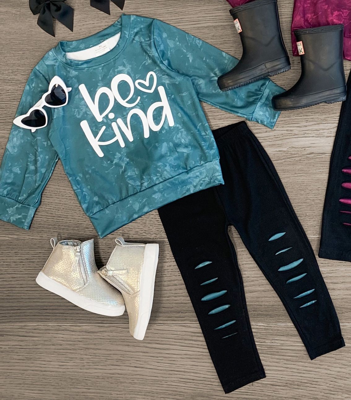 GLP1929 Baby Girls Be Kind Blue Tops Distressed Pants Clothes Sets Preorder