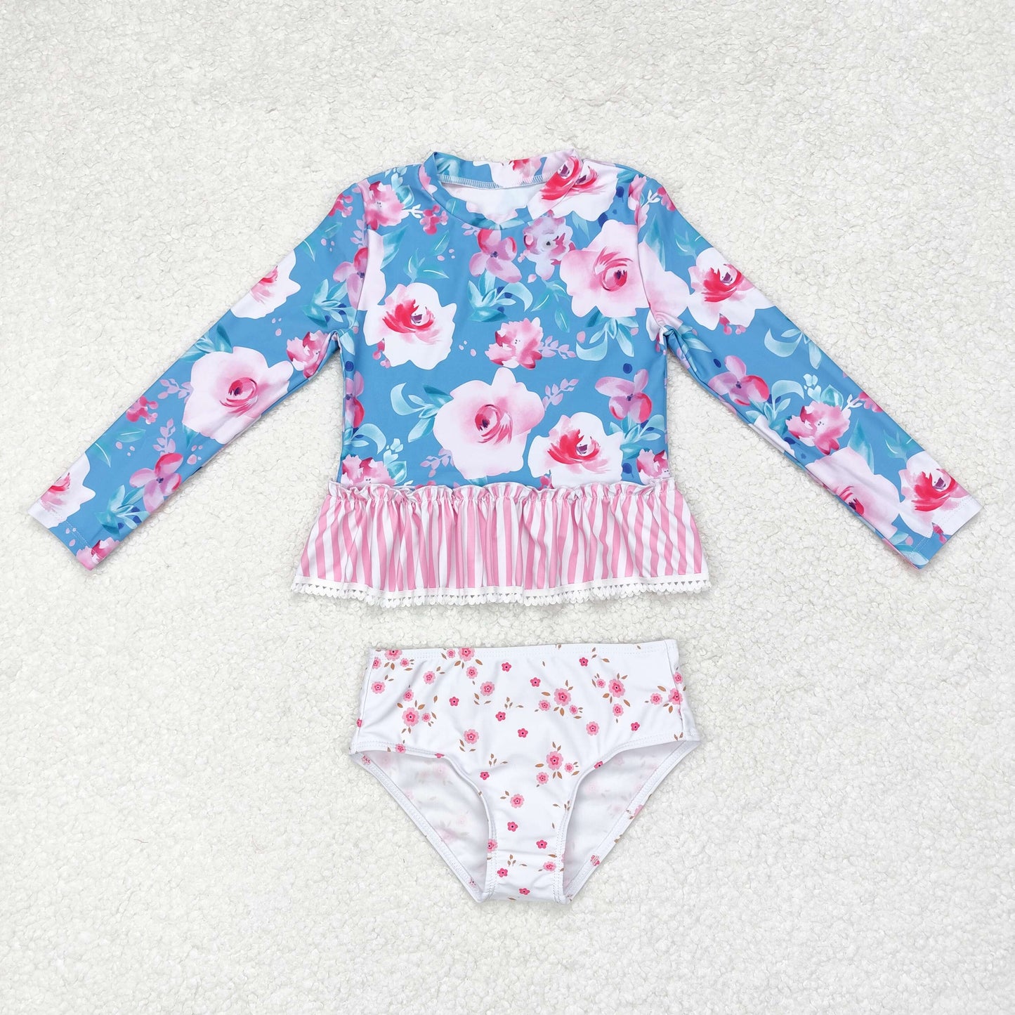 S0168 Flower pink and White striped Lace lace blue and white long sleeve swimsuit set