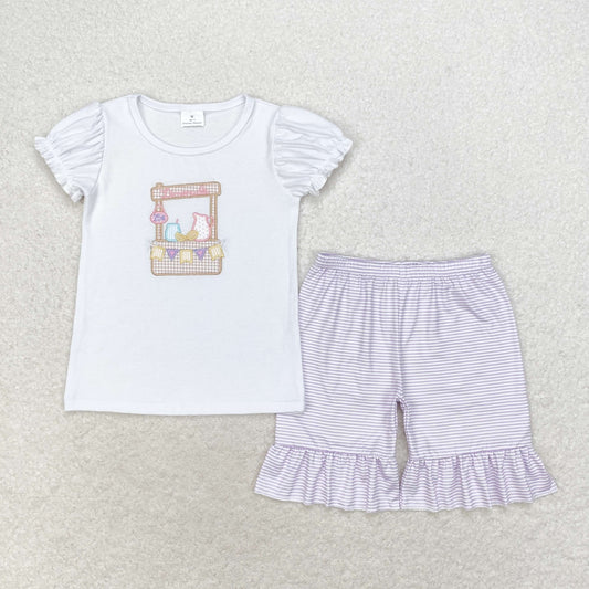 GSSO1240 Embroidery Lemonade Stand Flag White Short Sleeve Purple Striped Shorts Set