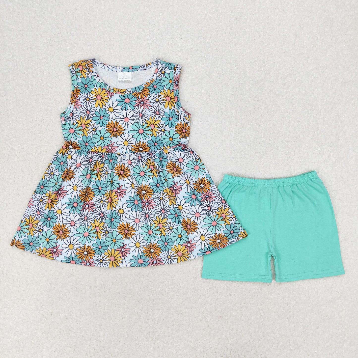 GSSO1271 Floral sleeveless teal shorts suit