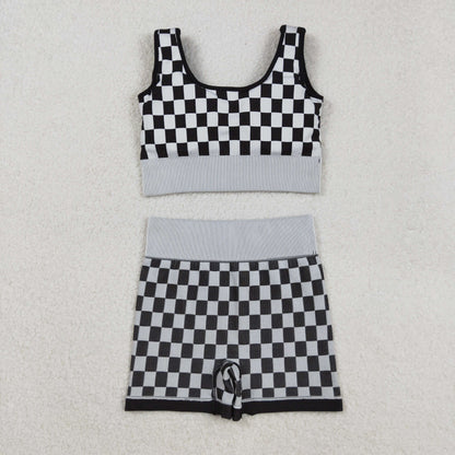 GT1189+SS0644 Adult Women Black Checkered Crop Bra Top Shorts Yoga Outfits Set C9.2