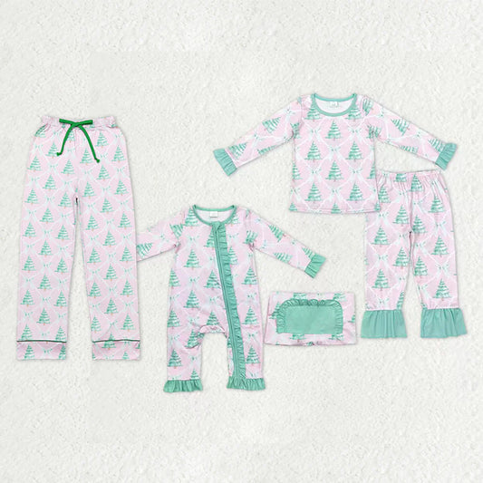 Family Sibling Bows Trees Checked Top Ruffle Pants Christmas Pajamas Sets Zipper Rompers Women Pants C9.30