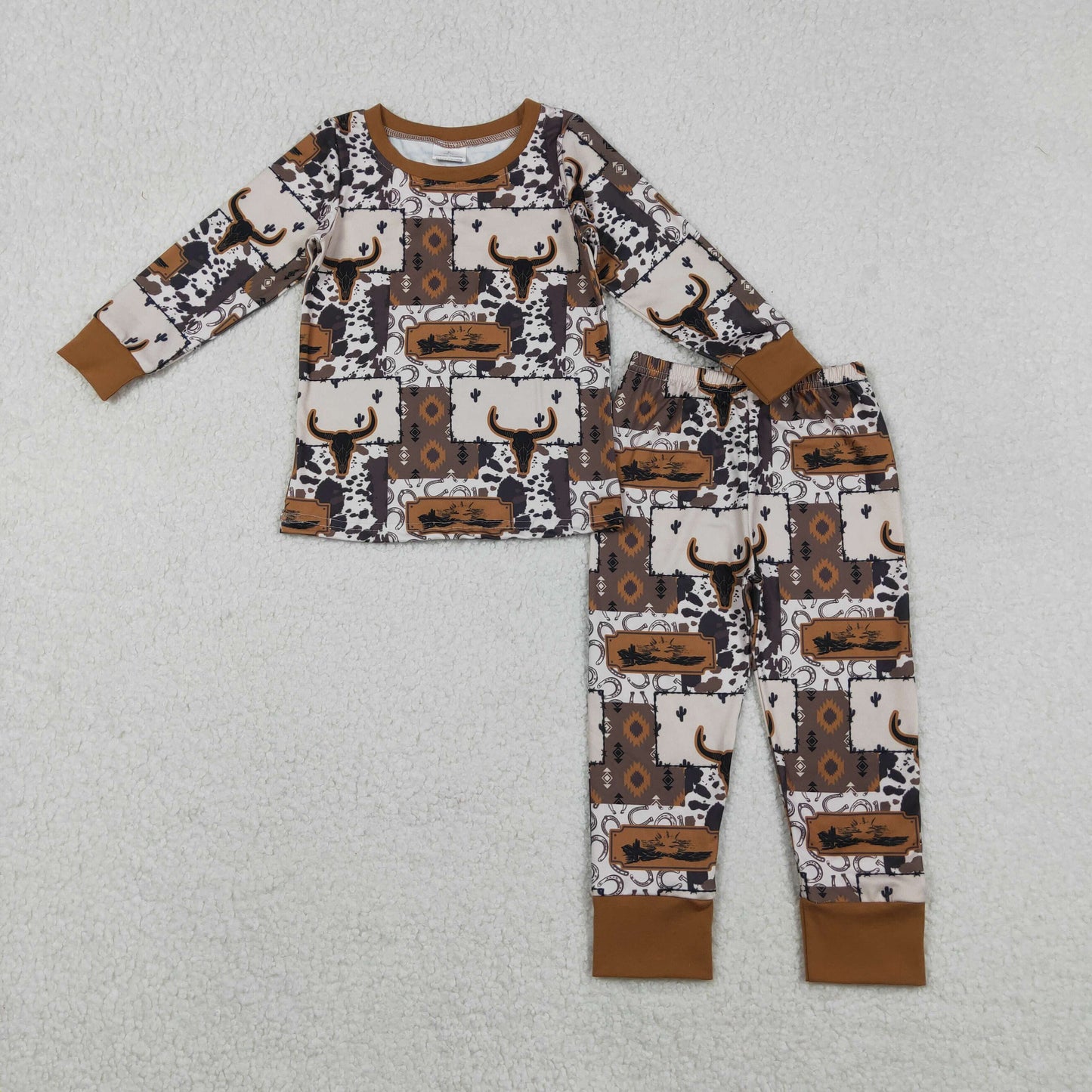 BLP1200 Baby Boys Bull Skull Aztec Plaid Top Western Pajamas Set C11.18