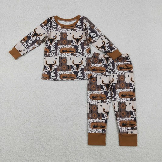 BLP1200 Baby Boys Bull Skull Aztec Plaid Top Western Pajamas Set C11.18