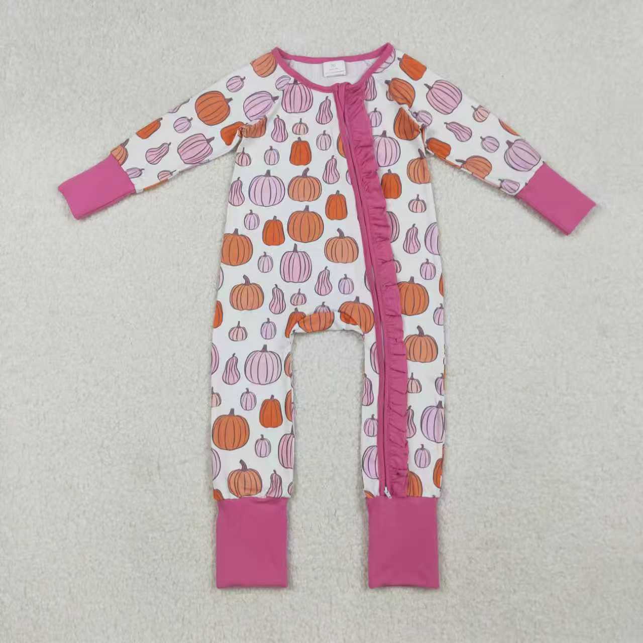 Sibling Baby Girls Pink Pumpkins Fall Pajamas Sets Ruffle Zipper Footie Rompers C10.9