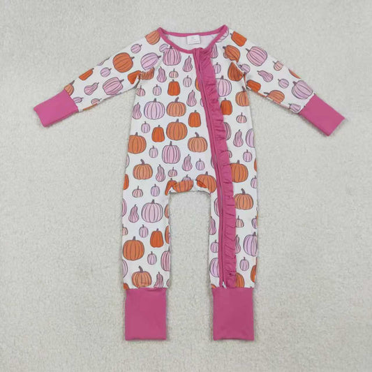 Sibling Baby Girls Pink Pumpkins Fall Pajamas Sets Ruffle Zipper Footie Rompers C10.9