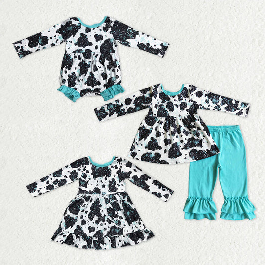 Sibling Baby Girls Cow Turquoises Ruffle Pants Western Clothes Sets Knee Length Dress Rompers C12.2