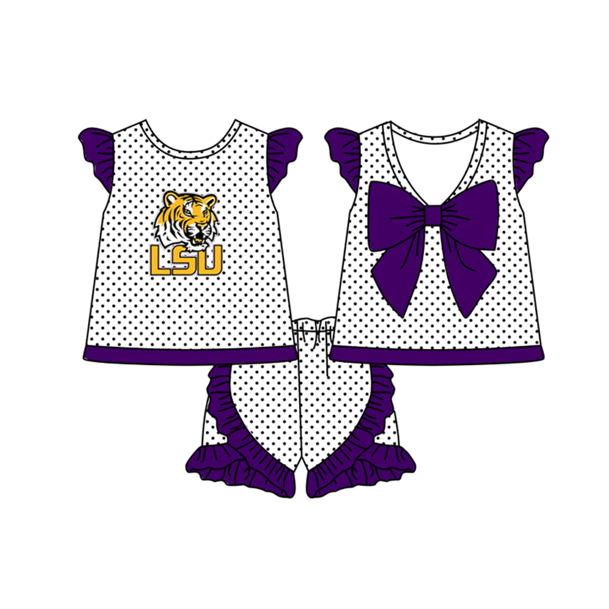 4.14 Custom Baby Girls Purple Flutter Sleeves Tiger LSU Polka Dots Tunic Ruffle Short Set(MOQ 3)