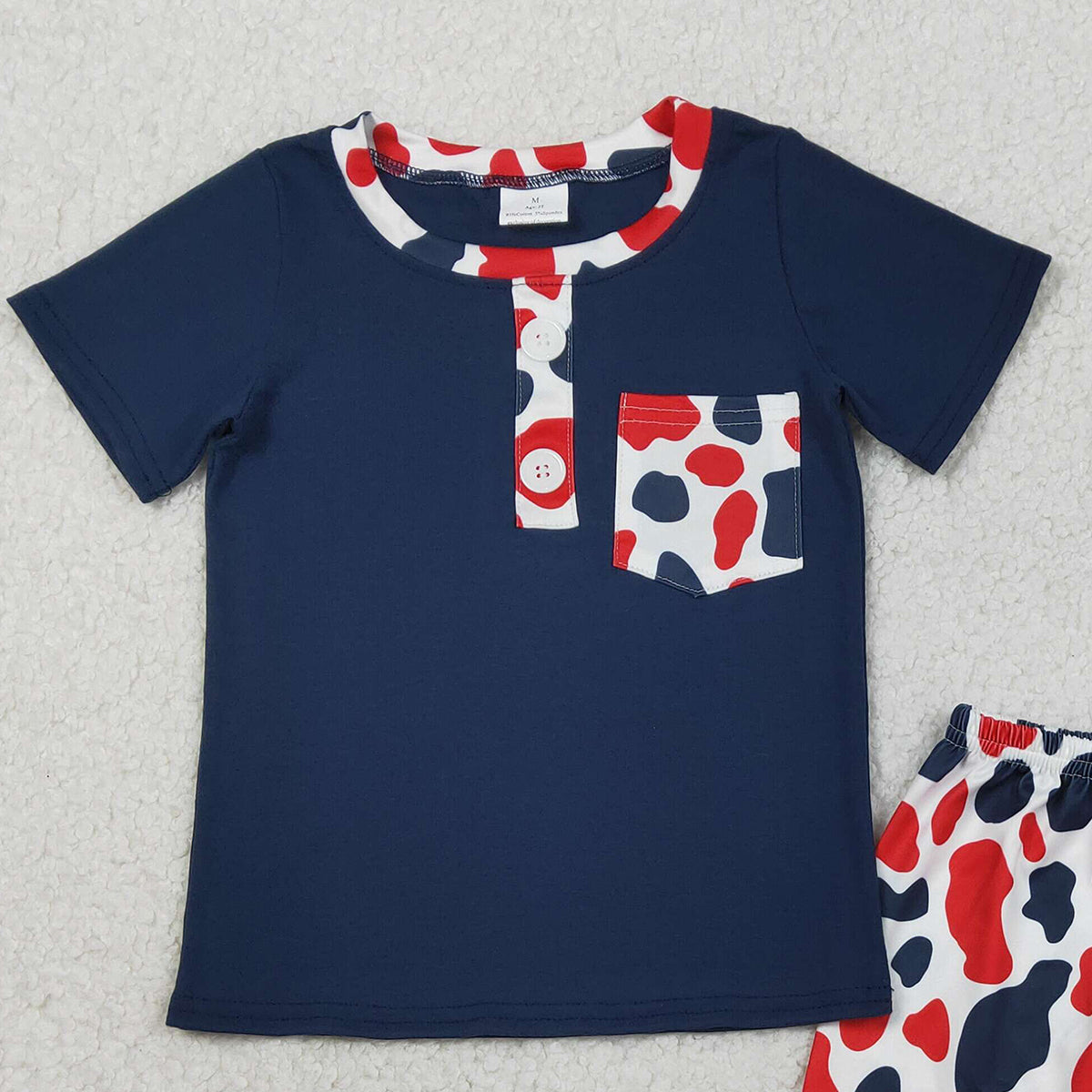 RTS BSSO1783 Baby Boys Red Blue Cow Print Pocket Button Top Shorts 4th of July Clothes Sets