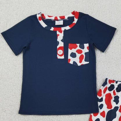 RTS BSSO1783 Baby Boys Red Blue Cow Print Pocket Button Top Shorts 4th of July Clothes Sets