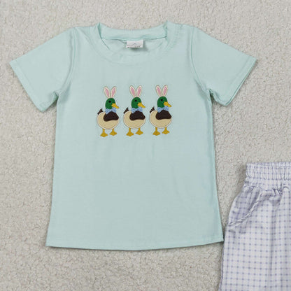 RTS BSSO1719 Embroidery Rabbit Ducks Baby Boys Checked Pockets Short Easter Hunting Sets