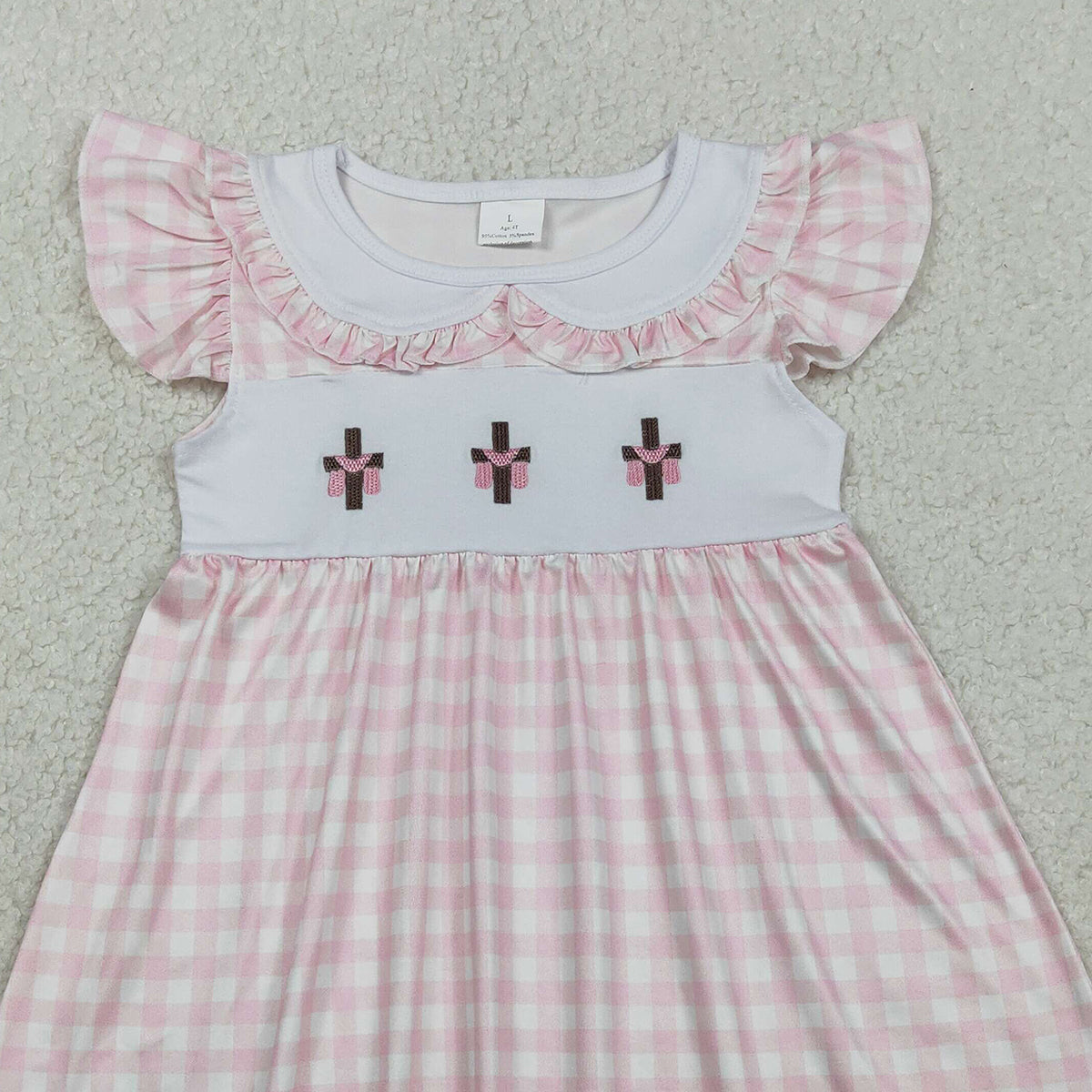 RTS GSD3382 Embroidery Crosses Baby Girls Pink Checked Easter Collar Knee Length Dresses