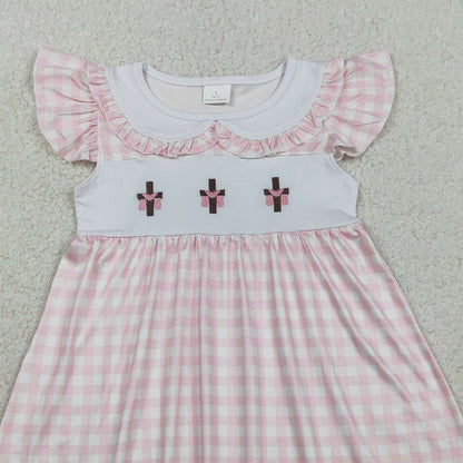 RTS GSD3382 Embroidery Crosses Baby Girls Pink Checked Easter Collar Knee Length Dresses