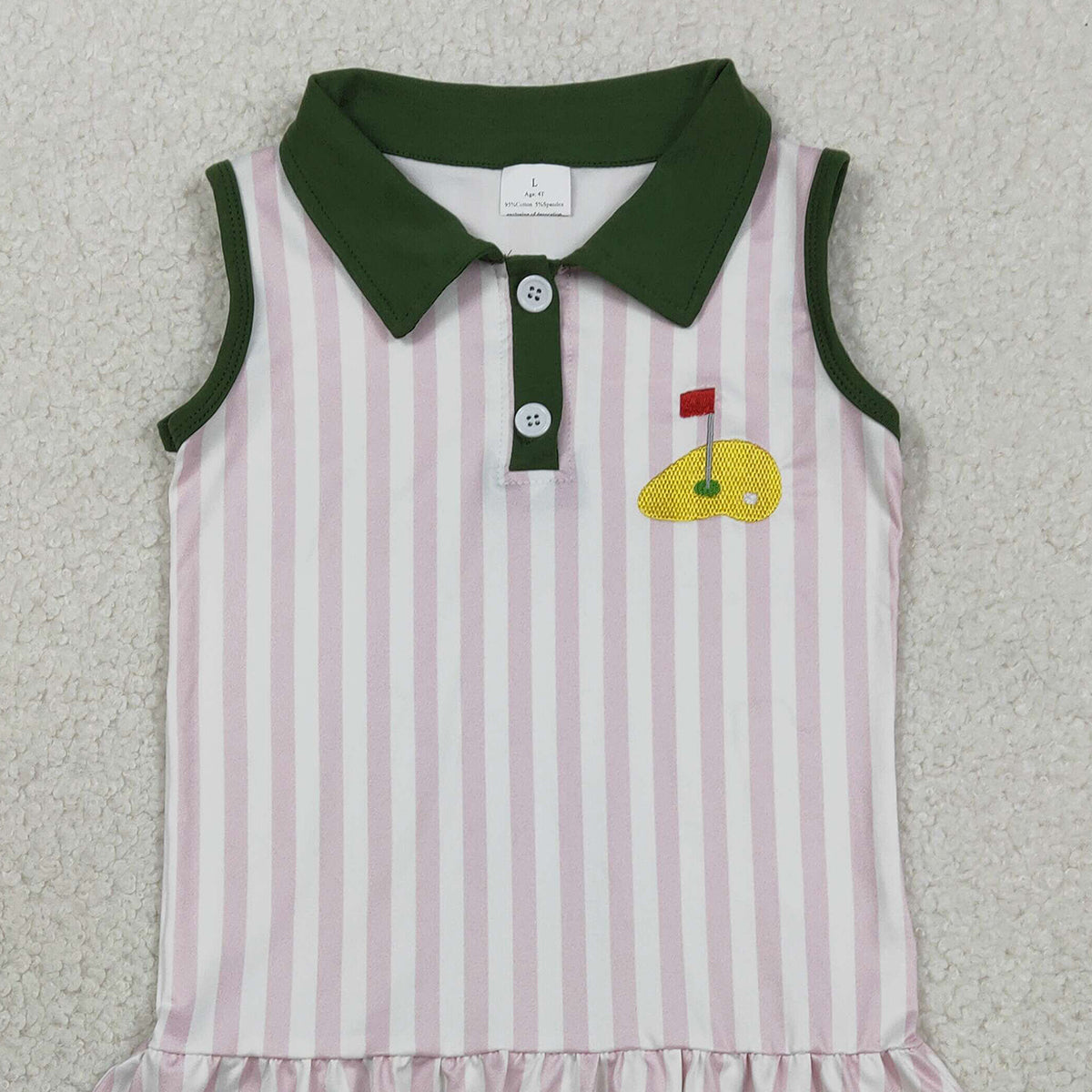 RTS GSD3142 Embroidery Golf Flags Baby Girls Pink Stripe Button Knee Length Dresses