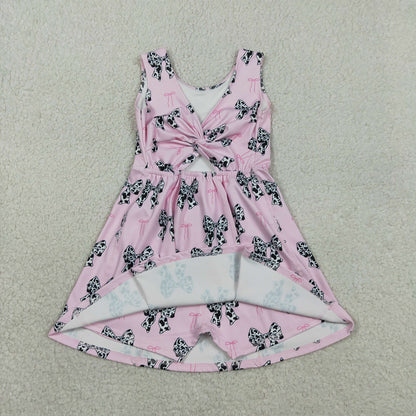 RTS GSD1853 Baby Girls Western Cow Print Bow Sleeveless Skort Knee Length Dresses