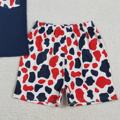 RTS BSSO1783 Baby Boys Red Blue Cow Print Pocket Button Top Shorts 4th of July Clothes Sets