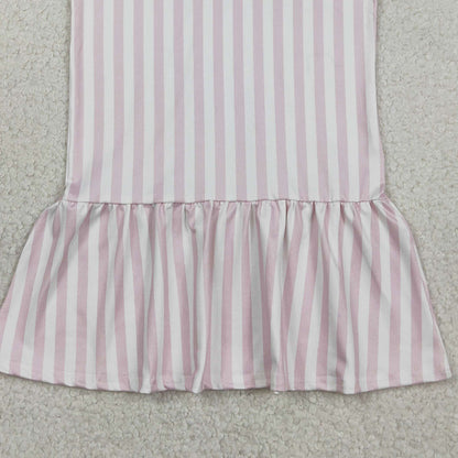 RTS GSD3142 Embroidery Golf Flags Baby Girls Pink Stripe Button Knee Length Dresses