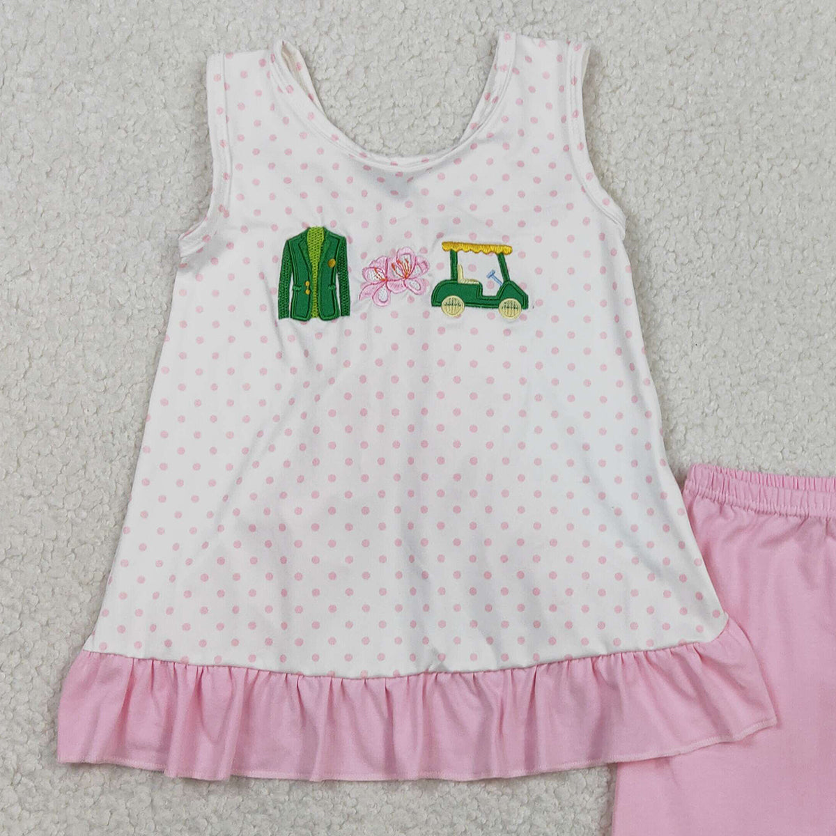 RTS GSSO2884 Embroidery Golf Trucks Baby Girls Polka Dots Back Bow Tunic Ruffle Short Clothes Sets