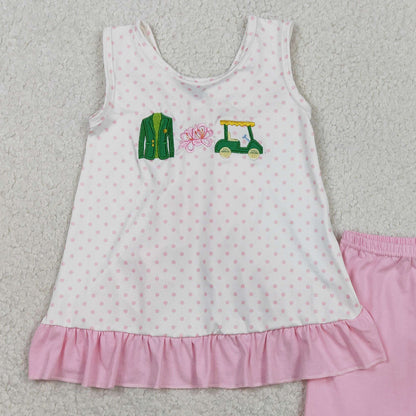 RTS GSSO2884 Embroidery Golf Trucks Baby Girls Polka Dots Back Bow Tunic Ruffle Short Clothes Sets
