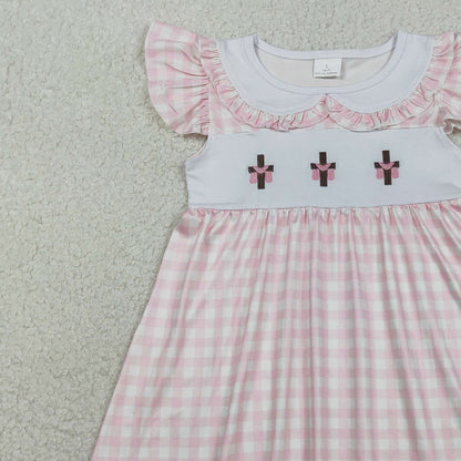 RTS GSD3382 Embroidery Crosses Baby Girls Pink Checked Easter Collar Knee Length Dresses