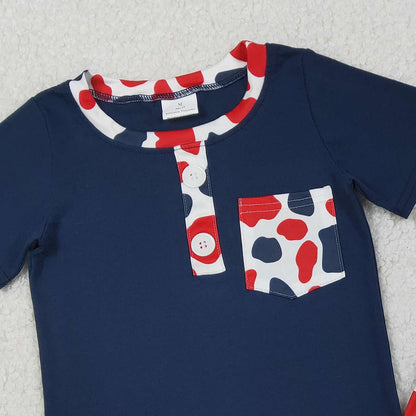 RTS BSSO1783 Baby Boys Red Blue Cow Print Pocket Button Top Shorts 4th of July Clothes Sets