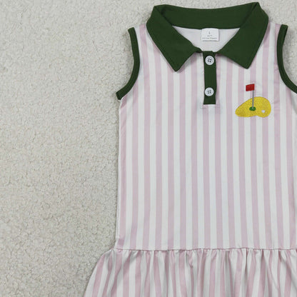 RTS GSD3142 Embroidery Golf Flags Baby Girls Pink Stripe Button Knee Length Dresses