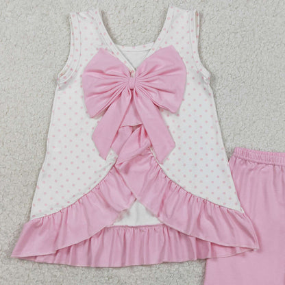 RTS GSSO2884 Embroidery Golf Trucks Baby Girls Polka Dots Back Bow Tunic Ruffle Short Clothes Sets