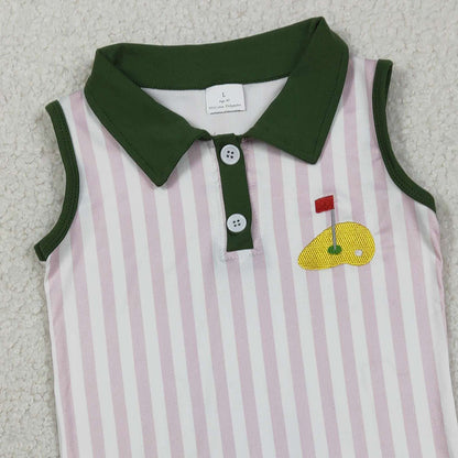 RTS GSD3142 Embroidery Golf Flags Baby Girls Pink Stripe Button Knee Length Dresses