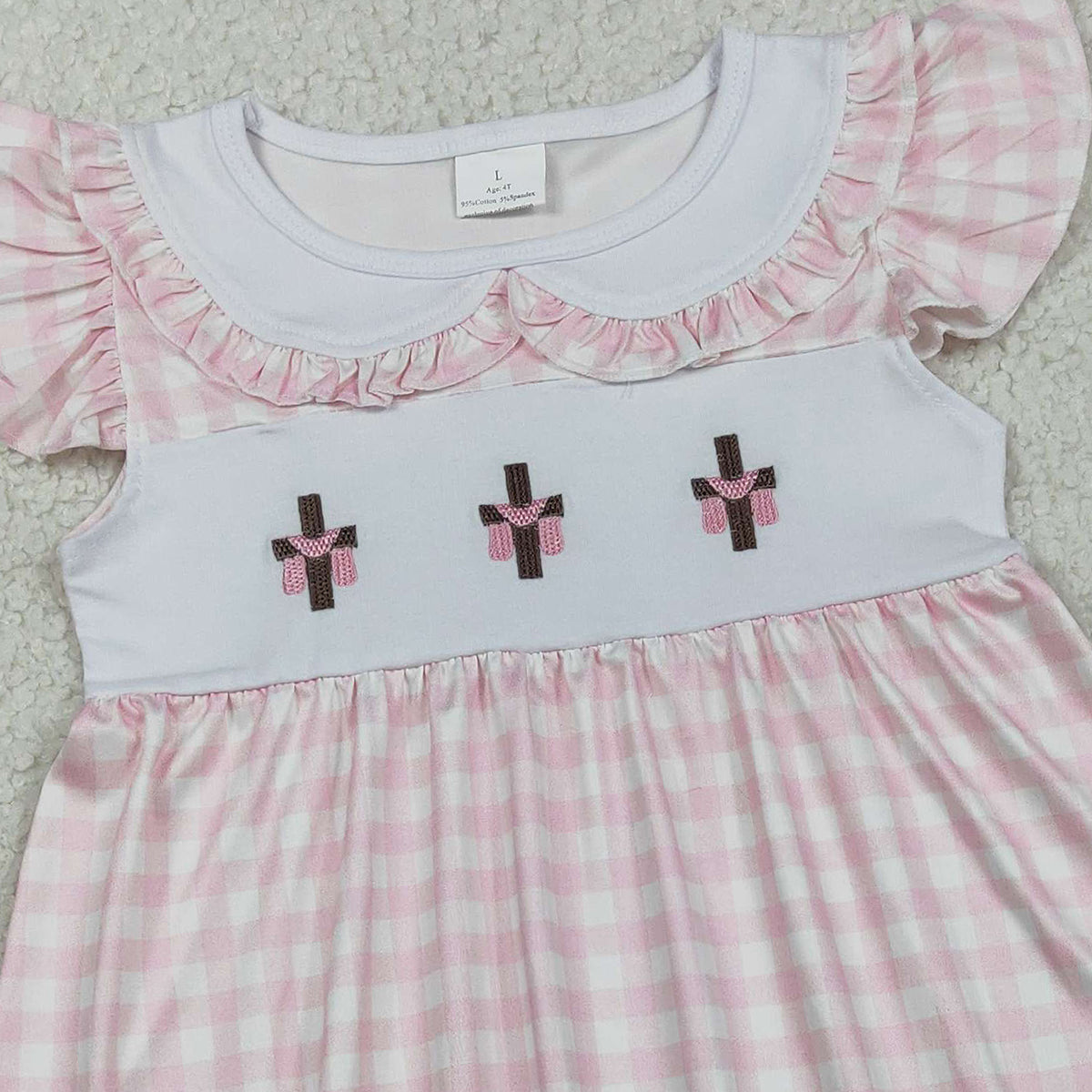 RTS GSD3382 Embroidery Crosses Baby Girls Pink Checked Easter Collar Knee Length Dresses