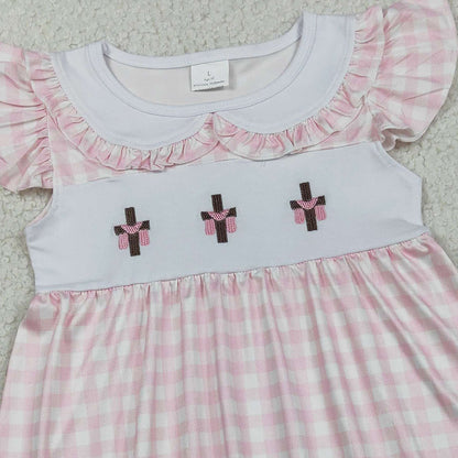 RTS GSD3382 Embroidery Crosses Baby Girls Pink Checked Easter Collar Knee Length Dresses