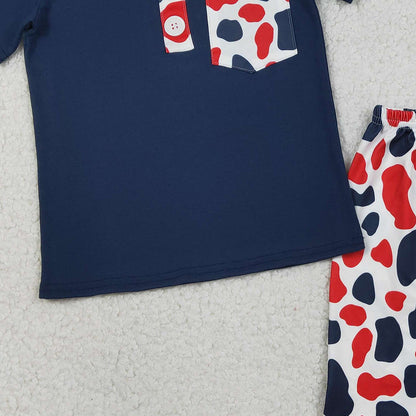 RTS BSSO1783 Baby Boys Red Blue Cow Print Pocket Button Top Shorts 4th of July Clothes Sets