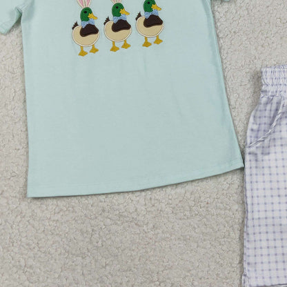 RTS BSSO1719 Embroidery Rabbit Ducks Baby Boys Checked Pockets Short Easter Hunting Sets