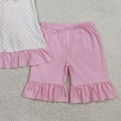 RTS GSSO2884 Embroidery Golf Trucks Baby Girls Polka Dots Back Bow Tunic Ruffle Short Clothes Sets