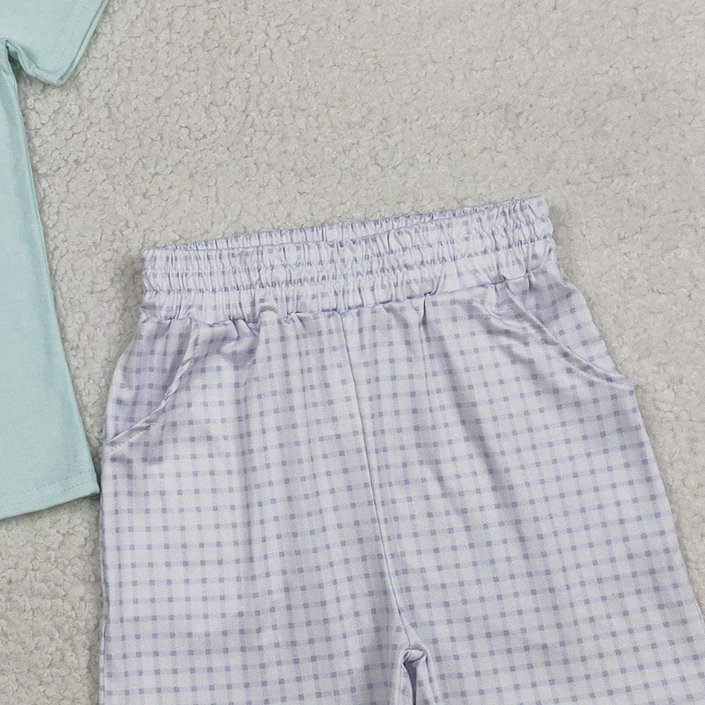 RTS BSSO1719 Embroidery Rabbit Ducks Baby Boys Checked Pockets Short Easter Hunting Sets