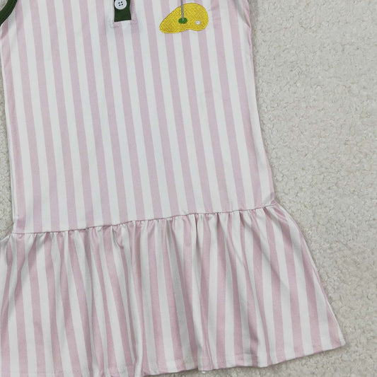RTS GSD3142 Embroidery Golf Flags Baby Girls Pink Stripe Button Knee Length Dresses