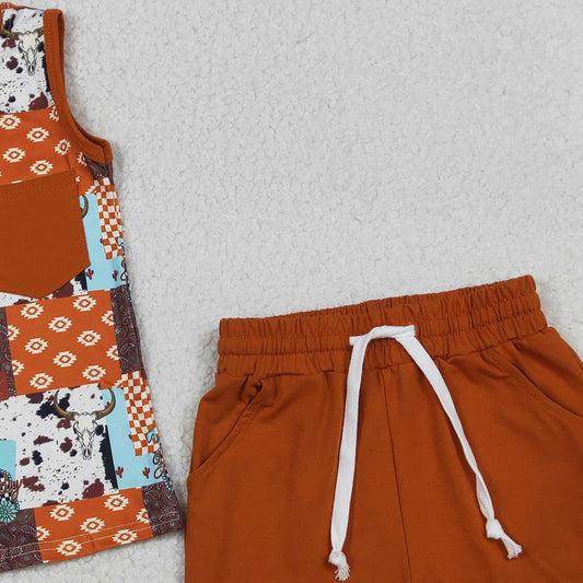 RTS BSSO1773 Baby Boys Aztec Null Skulls Checked Top Pockets Shorts Western Clothes Sets