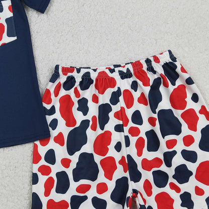 RTS BSSO1783 Baby Boys Red Blue Cow Print Pocket Button Top Shorts 4th of July Clothes Sets