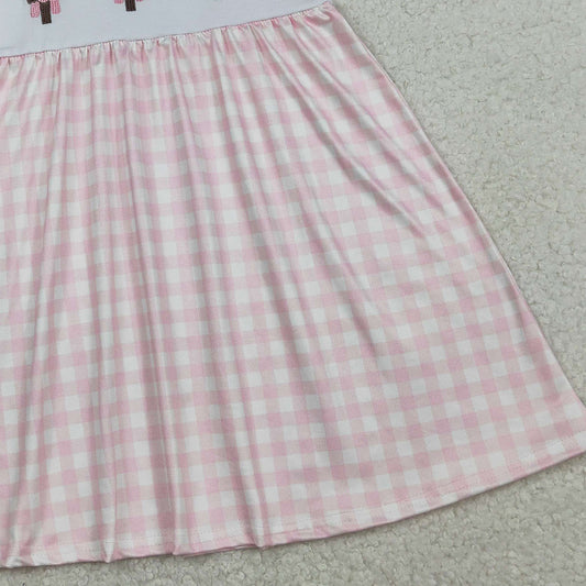 RTS GSD3382 Embroidery Crosses Baby Girls Pink Checked Easter Collar Knee Length Dresses