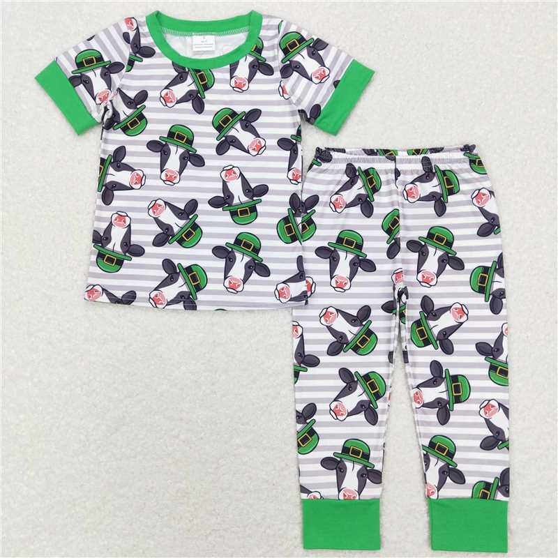 RTS BSPO0279 Kids Summer Top With Long Pants Baby Boys St Patrick Day Cow Top Pants Pajamas Clothes Sets