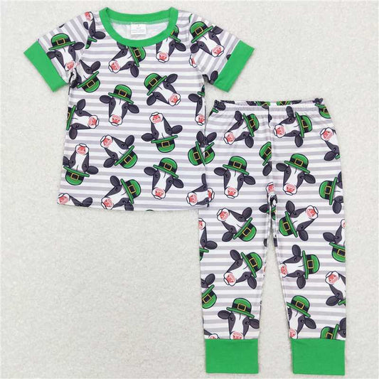 RTS BSPO0279 Kids Summer Top With Long Pants Baby Boys St Patrick Day Cow Top Pants Pajamas Clothes Sets