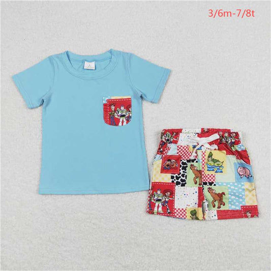 BSSO0535 Toy Story plaid pocket blue short sleeve shorts suit