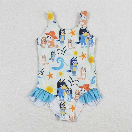 RTS S0356 Baby Girls One Piece Swimsuit with Dogs And Starfish Family Print Cute And Fashionable Waterwear for Little Ones