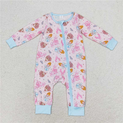 LR0990 Bamboo Girls Princess Castle powder blue zip-up long sleeve onesie
