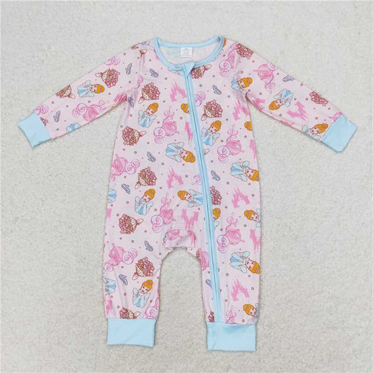 LR0990 Bamboo Girls Princess Castle powder blue zip-up long sleeve onesie