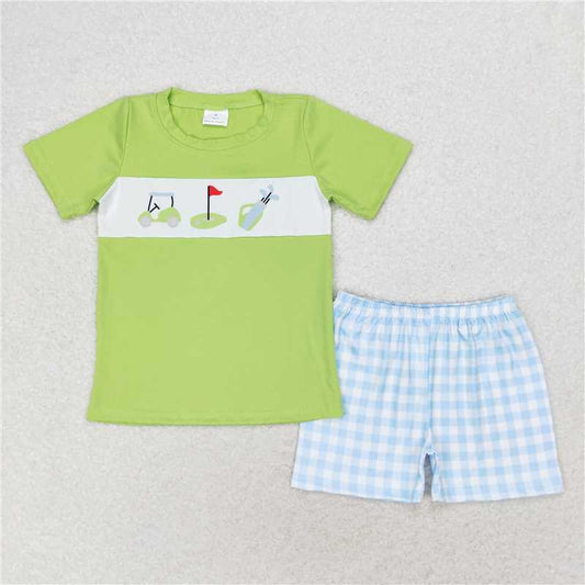 BSSO0667 Golf tour car green short-sleeved blue plaid shorts set