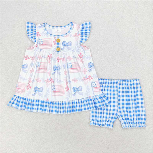 GSSO1139 4th of July Floral blue bow flag plaid flying sleeve shorts suit