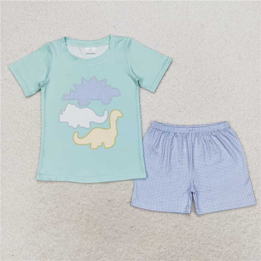 BSSO0920 Dinosaur turquoise short-sleeved plaid shorts suit