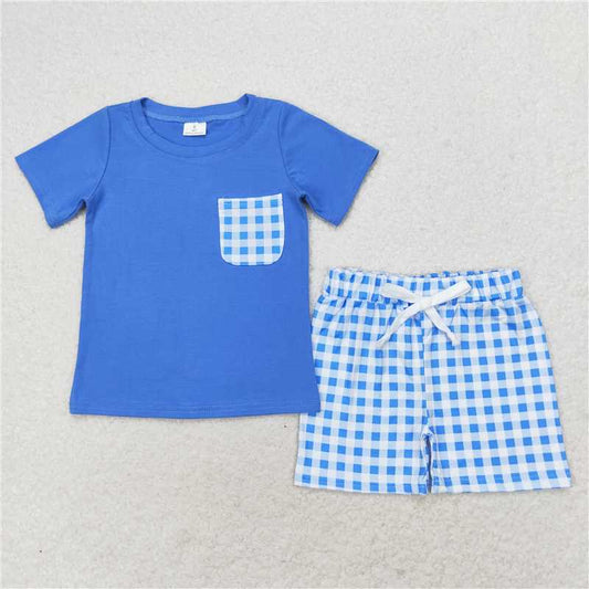 BSSO0865 Royal blue short-sleeved shorts suit with plaid pockets