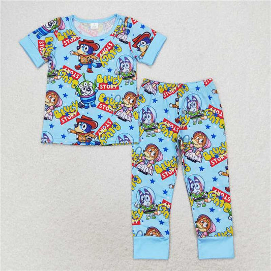 BSPO0376 Boys bamboo cartoon dog blue short-sleeved pant pajama set