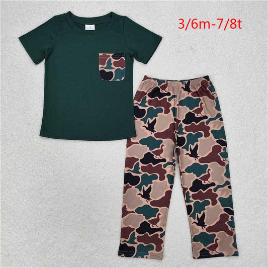 Sibling Baby Boys Dark Green Pocket Top Duck Camo Rompers Clothes Sets